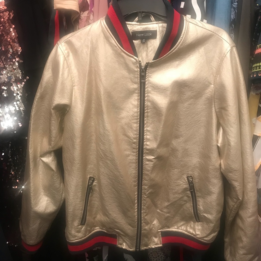 Gold LeatherLike Bomber Jacket Gucci Stripe Detail